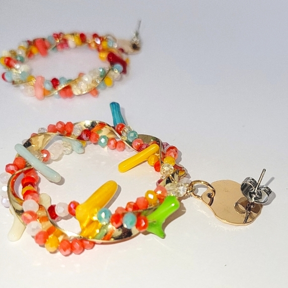 NEW! Multicolored Color Enhanced Coral & Glass Drop Hoop Earrings in Goldtone. - Picture 3 of 12